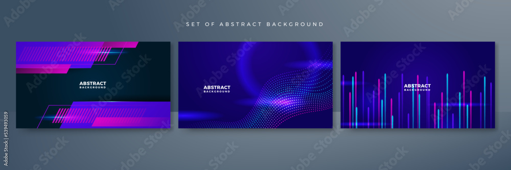 Fototapeta premium Set of modern digital business technology blue purple abstract design background with lines, waves, speed lights, motion, data concept, science element, cyberspace shapes, and connection lines.