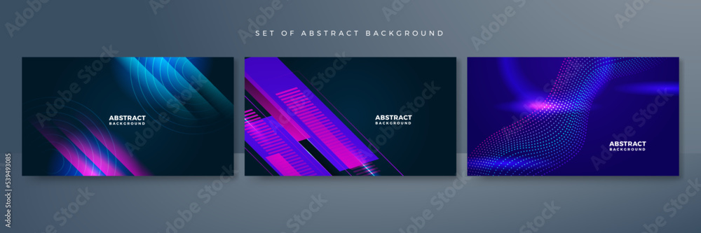 Fototapeta premium Set of modern digital business technology blue purple abstract design background with lines, waves, speed lights, motion, data concept, science element, cyberspace shapes, and connection lines.