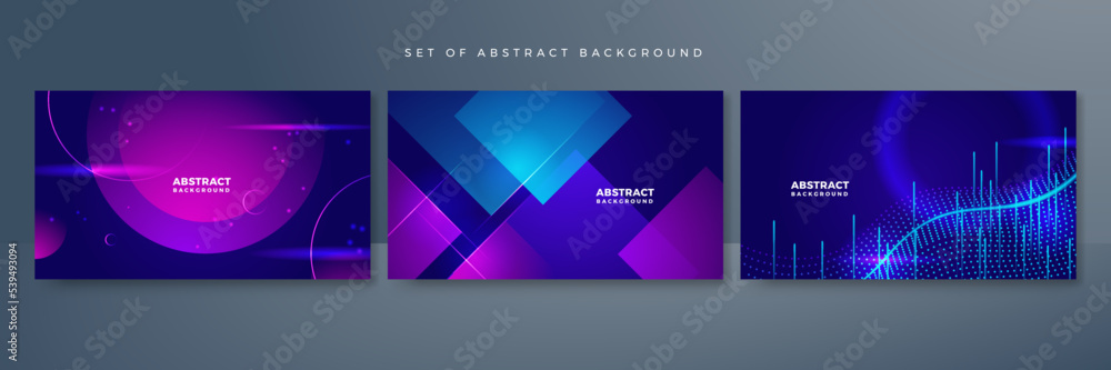Set of modern digital business technology blue purple abstract design background with lines, waves, speed lights, motion, data concept, science element, cyberspace shapes, and connection lines.