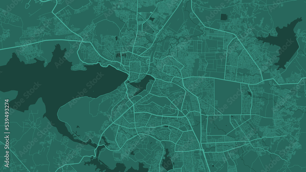 Green Bhopal city area vector background map, roads and water illustration. Widescreen proportion, digital flat design.