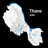 Thane map. Detailed map of Thane city administrative area. Cityscape panorama illustration. Road map with highways, streets, rivers.