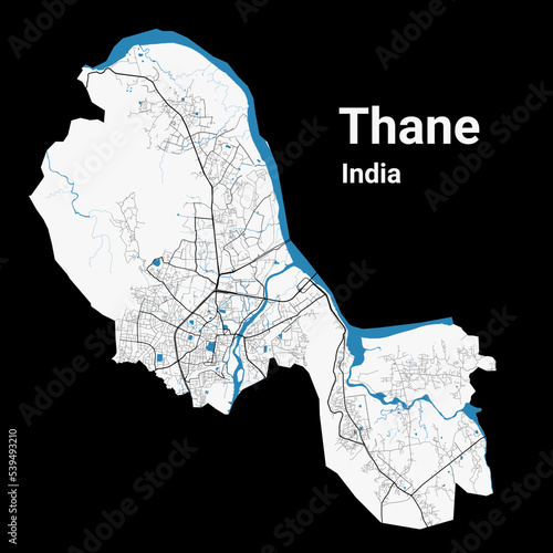 Thane map. Detailed map of Thane city administrative area. Cityscape panorama illustration. Road map with highways, streets, rivers.