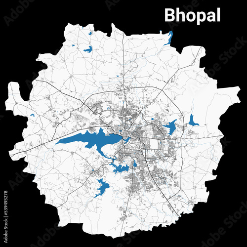 Bhopal map. Detailed map of Bhopal city administrative area. Cityscape panorama illustration. Road map with highways, streets, rivers.