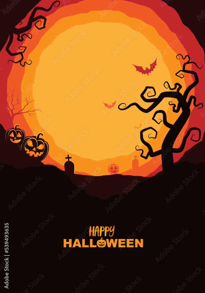 Happy Halloween theme backround with poster halloween group of Jack O Lantern pumpkin, moon halloween elements on orange gradient poster spooky with copy space
