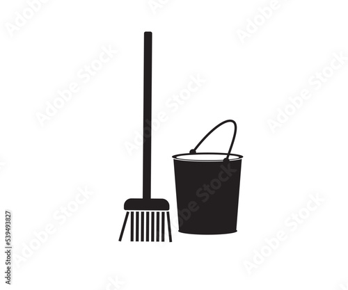 Vector flat black icon of a broom (mop), bucket and bubbles. Cleanliness and cleaning.