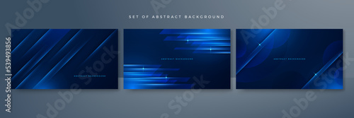 Set of modern digital business technology dark blue abstract design background with lines, waves, speed lights, motion, data concept, science element, cyberspace shapes, and connection lines.