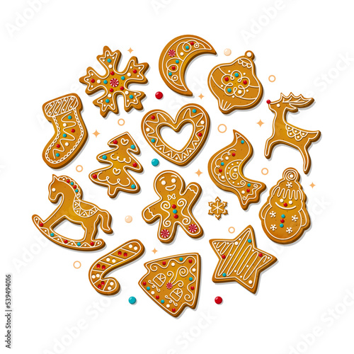 Christmas gingerbread cookies in cartoon style isolated on white background. Sweet sugar biscuits in circle composition. Festive baked xmas ornate and icing crackers. Cute Vector illustration