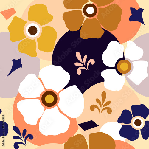 Applique seamless pattern of colorful and bright summer flowers silhouettes Abstract floral pattern with geometric shapes. Vector background in modern cut paper style