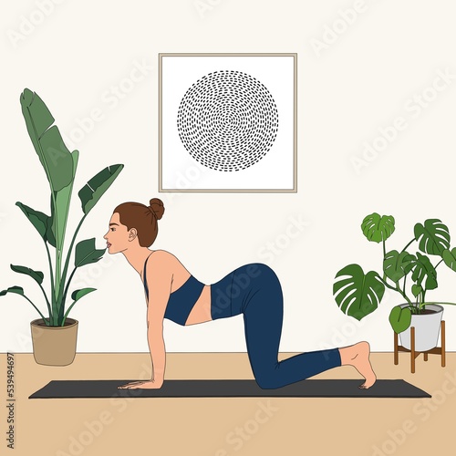 Marjariasana / The Cat Cow Pose 1. The beautiful woman practicing yoga at home studio. The cartoon painting illustration poster of human person workout doing basic asana exercise in interior photo