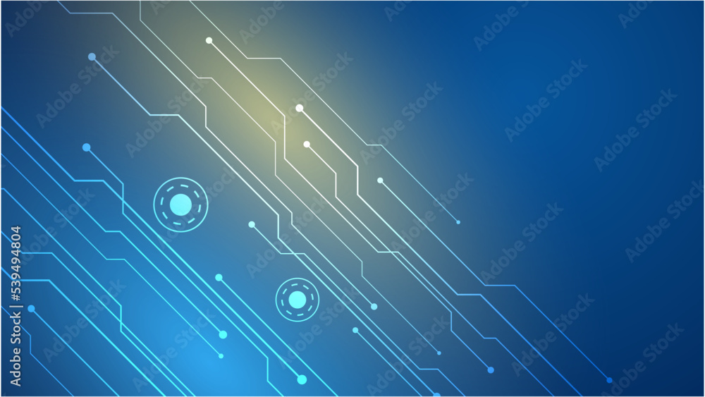 Blue background with various technological elements. Hi-tech computer digital technology concept. Abstract technology communication. Neon glowing lines. Speed and motion blur over dark background.