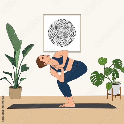 Pyramid Pose / Parsvottanasana. Beautiful flexible standing woman practicing doing yoga asana in black gym suit at home studio. Meditating person figure fashion illustration poster picture interior. photo