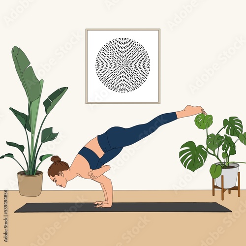 Flying Pigeon Pose / Eka Pada Galavasana. The beautiful balancing woman practicing yoga at home studio. The cartoon painting illustration poster portrait of human doing yoga asana workout exercise. photo