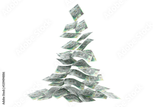 Flying polish 100 zloty banknotes as pyramid isolated on white background. Banner with money from Poland for pyramid christmas.