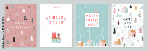 Christmas card set - hand drawn cute flyers. Postcards with lettering and christmas background.