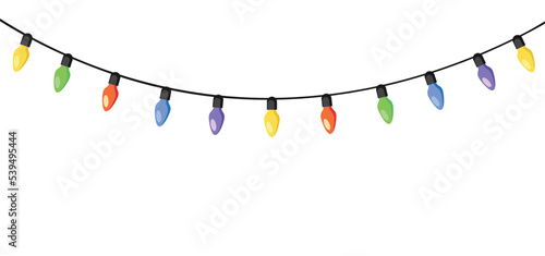 Christmas lights for cards, banners, web design. Garland light bulbs isolated on white background. Colorful holiday festive christmas decoration.Vector stock
