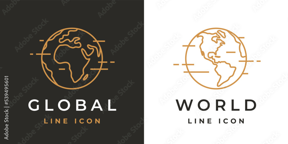 World globe line icon. Planet earth symbols. Global map logo. Africa and America continent sign set. Vector illustration. - obrazy, fototapety, plakaty 
