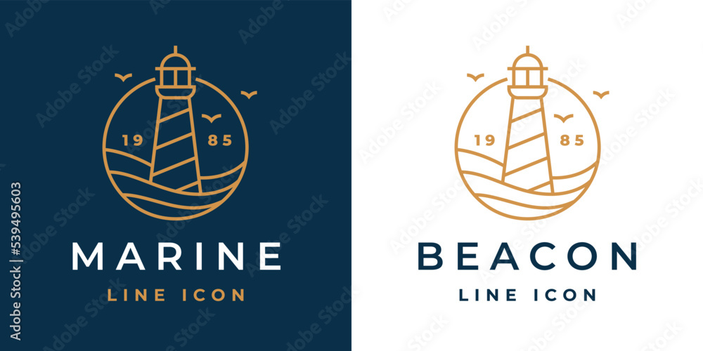 Lighthouse line icon. Light beacon logo. Nautical building emblem. Maritime harbor symbol. Coastal search light tower sign. Vector illustration. Lighthouse line icon. Light beacon logo. Nautical building emblem. Maritime harbor symbol. Coastal search light tower sign. Vector illustration.