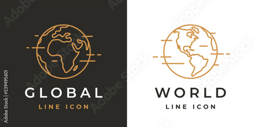 World globe line icon. Planet earth symbols. Global map logo. Africa and America continent sign set. Vector illustration.