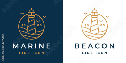 Lighthouse line icon. Light beacon logo. Nautical building emblem. Maritime harbor symbol. Coastal search light tower sign. Vector illustration.