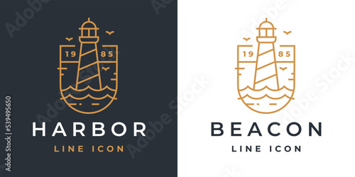 Lighthouse line icon. Light beacon logo. Nautical building emblem. Maritime harbor symbol. Coastal search light tower sign. Vector illustration.