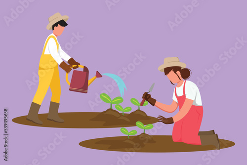 Cartoon flat style drawing couple farmers planting tree. Woman plant seeds and man holding watering can. Gardeners working in garden. Agricultural gardening concept. Graphic design vector illustration