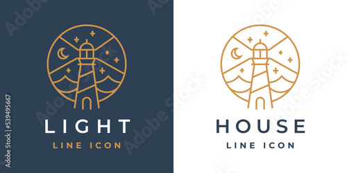 Lighthouse line icon. Light beacon logo. Nautical building emblem. Maritime harbor symbol. Coastal search light tower sign. Vector illustration.