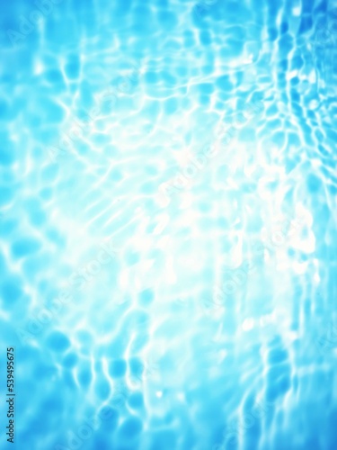 Defocus blurred transparent blue colored clear calm water surface texture with splashes and bubbles. Trendy abstract nature background. Water waves in sunlight with copy space. Blue watercolor shining