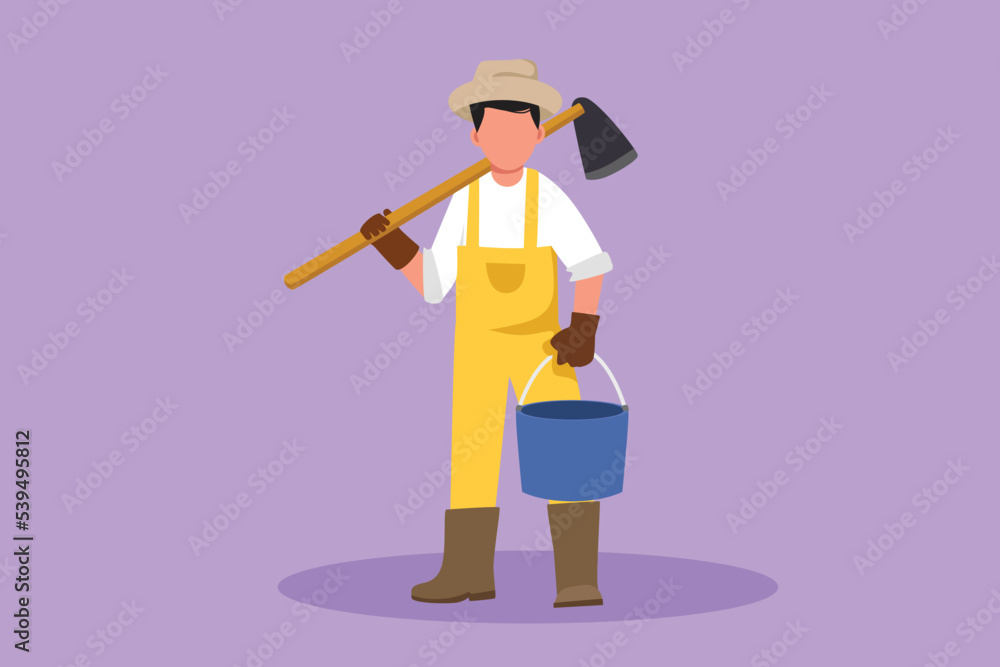 Character flat drawing of male farmer carries wooden hoe in shoulder with bucket. Agricultural worker standing on green grass with plants. Agronomic man at farmland. Cartoon design vector illustration