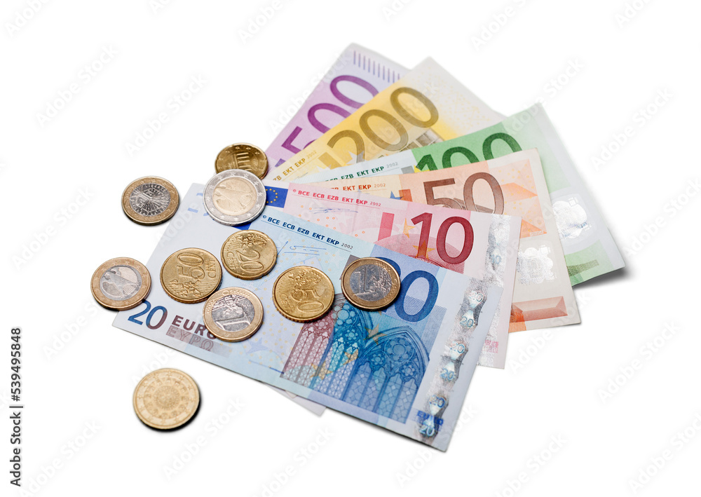 Euro Bills and Coins - obrazy, fototapety, plakaty 