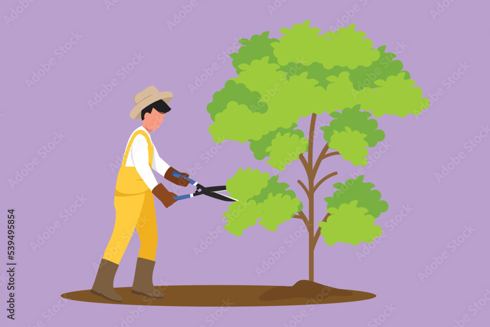 Cartoon flat style drawing gardener trims plant in garden, man cutting tree in park. Pruning shears for cutting foliage, worker shaping garden, planting and growing. Graphic design vector illustration