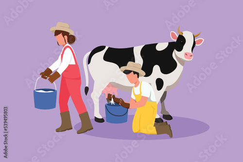 Graphic flat design drawing couple farmers milking a cow in the bucket. Breeding cows. Ranch or farm. Livestock or cattle. Production of dairy products at the meadow. Cartoon style vector illustration