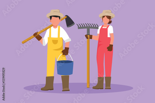 Graphic flat design drawing family farmer went into the field to sow. They dig up the beds, holding rake, bucket, and hoe. Farmers and gardeners agriculture concept. Cartoon style vector illustration