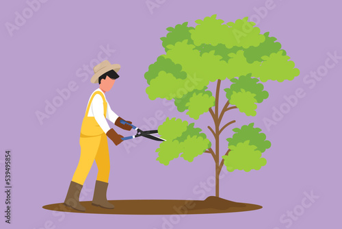 Cartoon flat style drawing gardener trims plant in garden, man cutting tree in park. Pruning shears for cutting foliage, worker shaping garden, planting and growing. Graphic design vector illustration