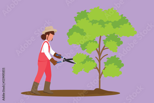 Character flat drawing gardener trims plant in garden, woman cutting tree in park. Pruning shears for cutting foliage. Landscape designer in overalls with scissors. Cartoon design vector illustration