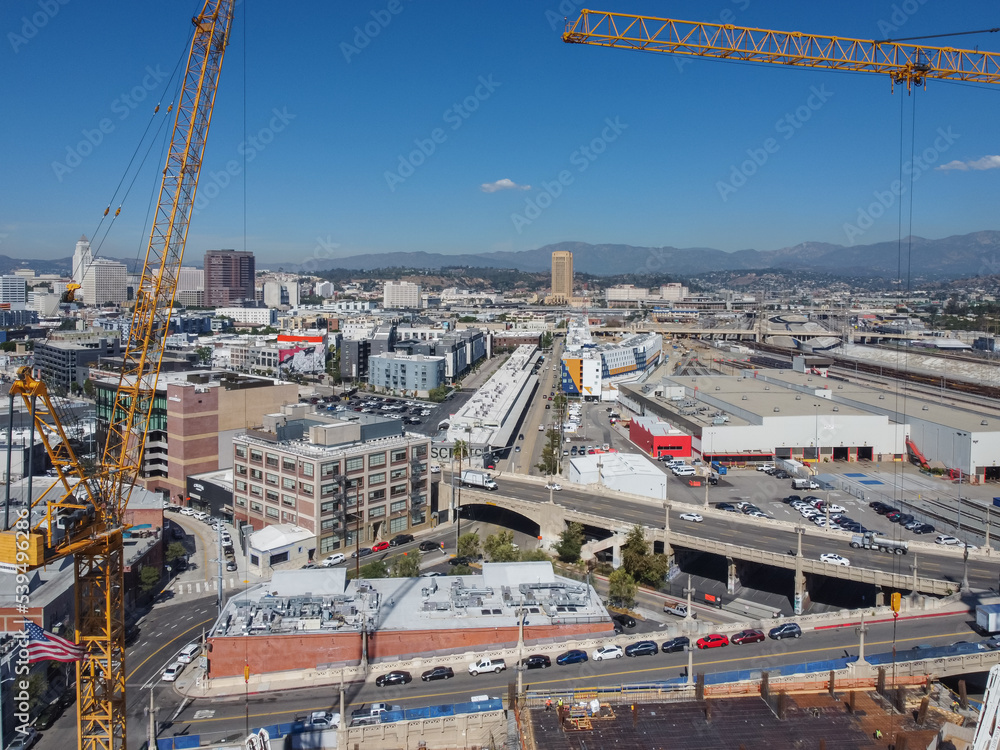 Los Angeles, California, USA – October 18, 2022: Aerial Drone Photo Toward Metro Division 20, Metro Rail Shops, Downtown Arts District Area