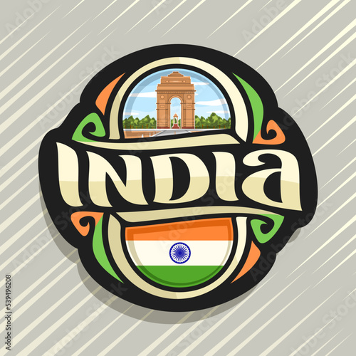 Vector logo for India country, fridge magnet with indian state flag for independence day, original brush typeface for word india and national indian symbol - gate in Delhi on cloudy sky background