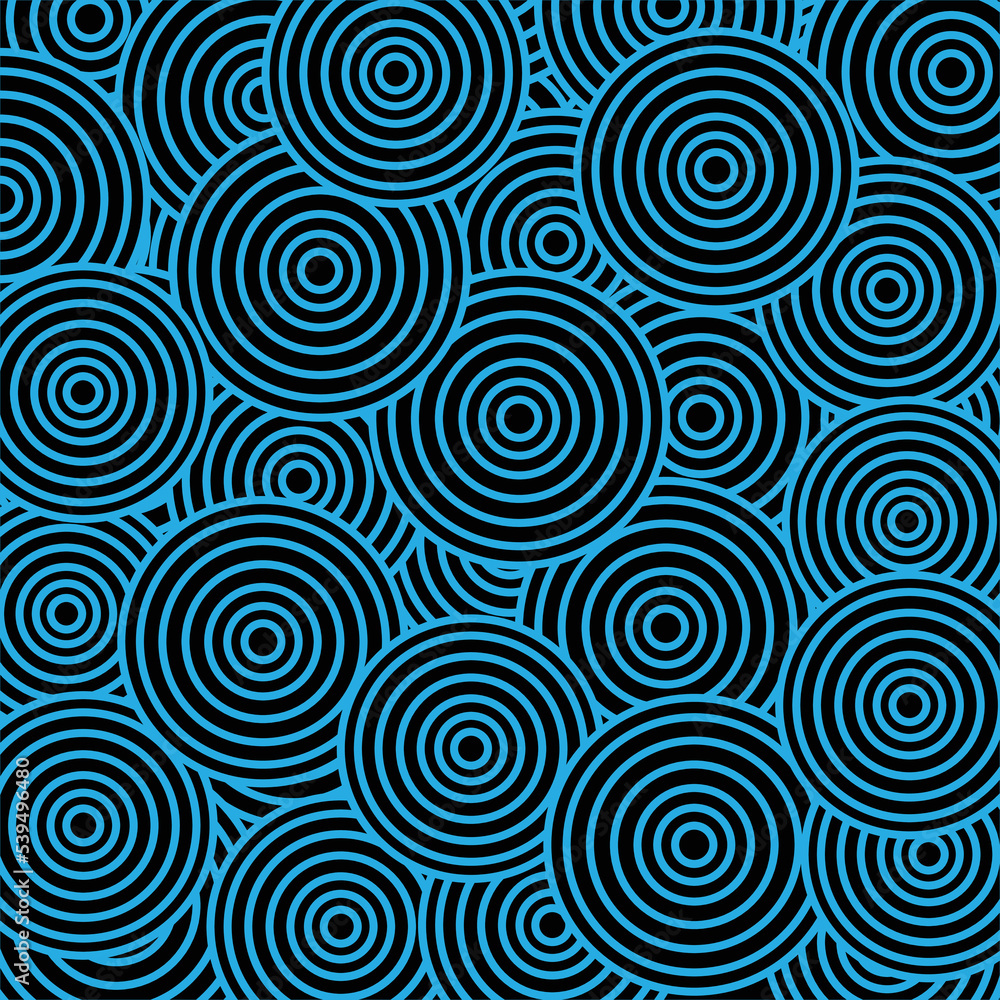 Abstract blue chaotic circles design pattern background. Psychedelic circles seamless pattern, doodle texture in bright color, pop culture styled background, vivid backdrop vector.