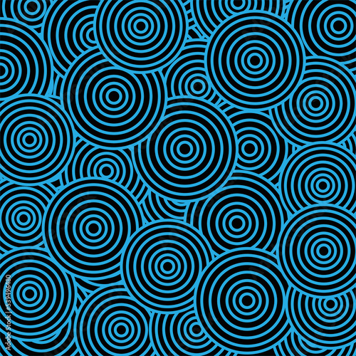 Abstract blue chaotic circles design pattern background. Psychedelic circles seamless pattern, doodle texture in bright color, pop culture styled background, vivid backdrop vector.
