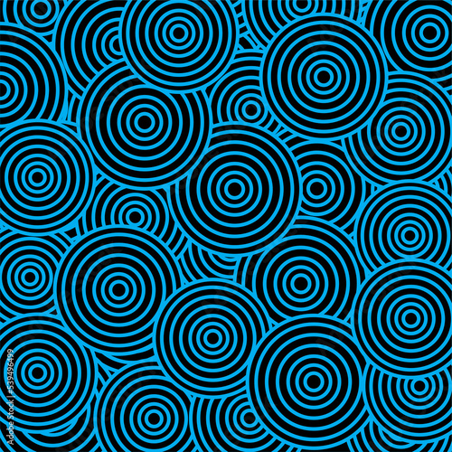 Abstract blue chaotic circles design pattern background. Psychedelic circles seamless pattern, doodle texture in bright color, pop culture styled background, vivid backdrop.