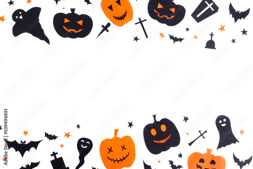 Happy halloween, pumpkin smile, ghost ,christian cross and grave made from black paper cut on white background, Decorative Halloween concept Happy halloween, pumpkin smile, ghost ,christian cross and grave made from black paper cut on white background, Decorative Halloween concept