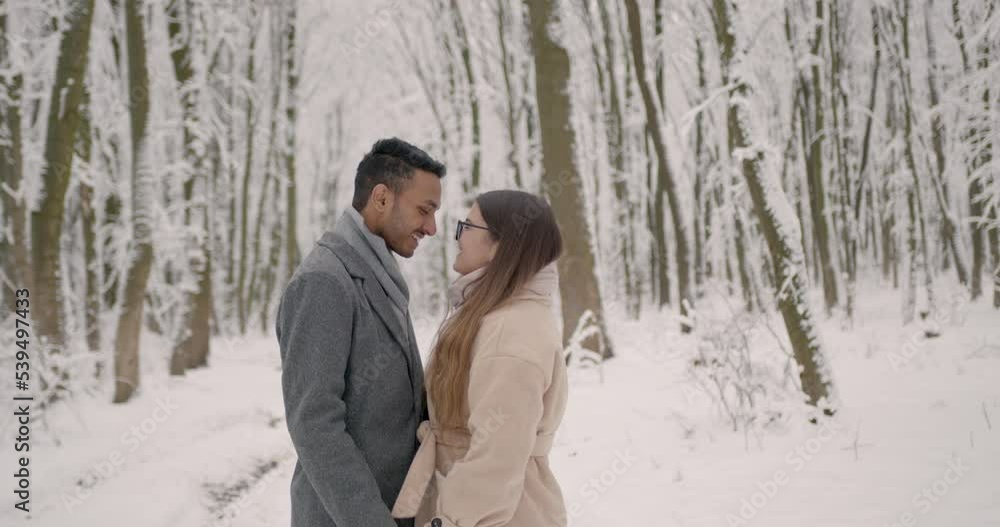Multiethnic couple hugging each other in winter forest Multiethnic couple hugging each other in winter forest