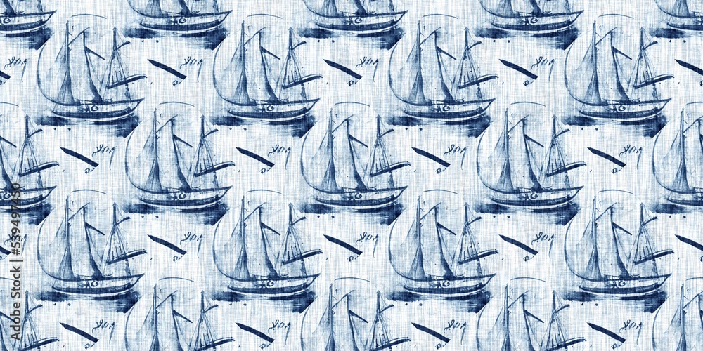 Indigo dye wash coastal damask seamless border pattern. Washed out geometric dip dyed blur effect edging. Nautical and marine ocean blue masculine endless tape background with linen texture trim. Indigo dye wash coastal damask seamless border pattern. Washed out geometric dip dyed blur effect edging. Nautical and marine ocean blue masculine endless tape background with linen texture trim.