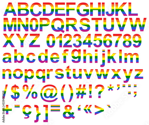 Uppercase and lowercase alphabet, numbers, symbols and signs with rainbow texture. Vector illustration, font.