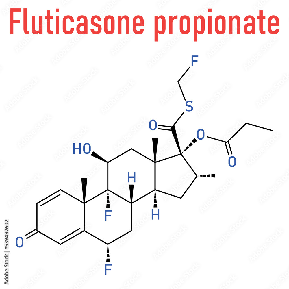 Fluticasone propionate corticosteroid drug molecule. Skeletal formula.