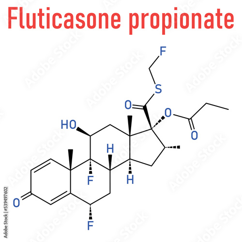Fluticasone propionate corticosteroid drug molecule. Skeletal formula.