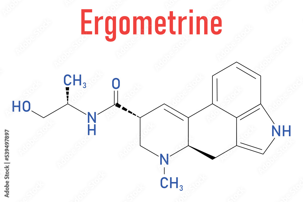 Ergometrine drug molecule. Used to prevent bleeding after childbirth (postpartum haemorrhage). Skeletal formula. Ergometrine drug molecule. Used to prevent bleeding after childbirth (postpartum haemorrhage). Skeletal formula.