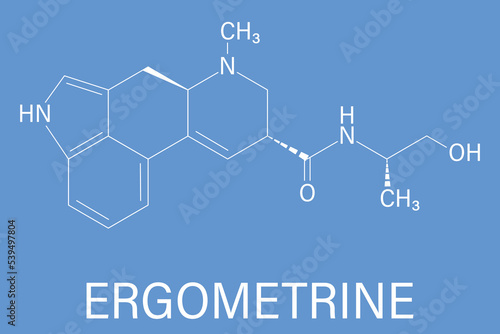 Ergometrine drug molecule. Used to prevent bleeding after childbirth (postpartum haemorrhage). Skeletal formula.