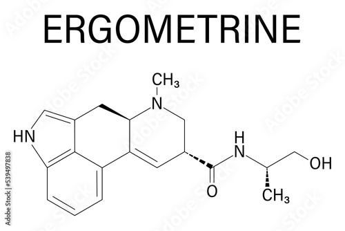 Ergometrine drug molecule. Used to prevent bleeding after childbirth (postpartum haemorrhage). Skeletal formula.