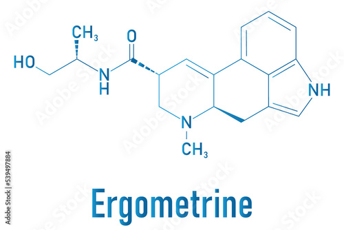 Ergometrine drug molecule. Used to prevent bleeding after childbirth (postpartum haemorrhage). Skeletal formula. photo