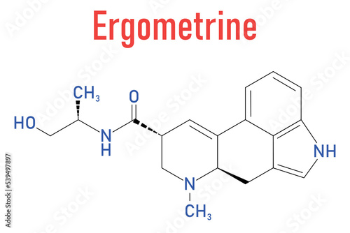 Ergometrine drug molecule. Used to prevent bleeding after childbirth (postpartum haemorrhage). Skeletal formula. photo